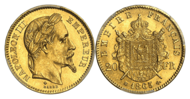 【MS65】1865年BB フランス 第二帝政 ナポレオン3世 有冠 20フラン金貨(表)