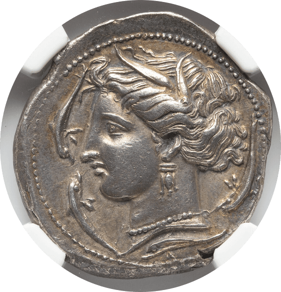 【AU 5/5 4/5, Fine Style】紀元前320年?300年 古代ギリシア シチリア島 シキュロ・プニック  テトラドラクマ銀貨(表)