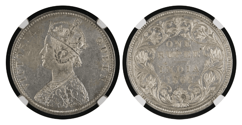 【MS61〜MS62】1862年,1887年 英領インド  ヴィクトリア女王 ルピー銀貨 3枚セット(表)
