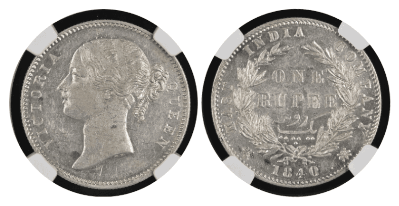 【AU58】1840年 英領インド 東インド会社  ヴィクトリア女王 1ルピー銀貨 5枚セット