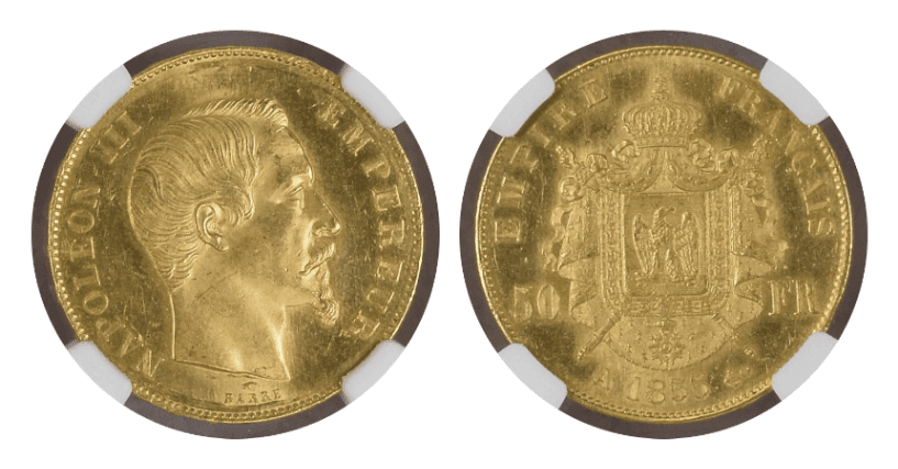 【MS63★】1855年 フランス第2帝政 ナポレオン3世 無冠 50フラン金貨