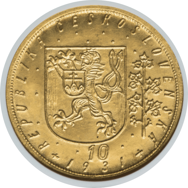 【MS64】1931年  チェコスロバキア 10ダカット金貨(裏)