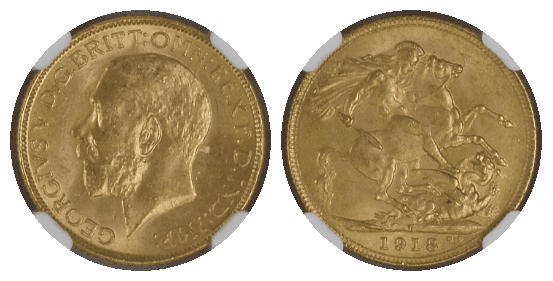 【MS64】1918年 英領インド ジョージ5世 1ポンド ソブリン金貨