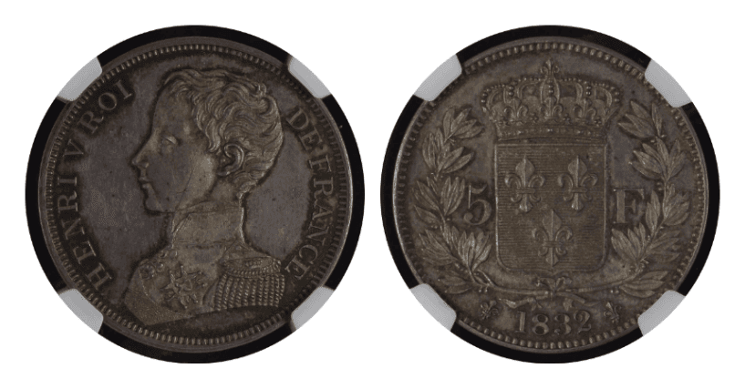 【MS63+】1832年 フランス アンリ5世 5フラン銀貨 Essai(試鋳貨)