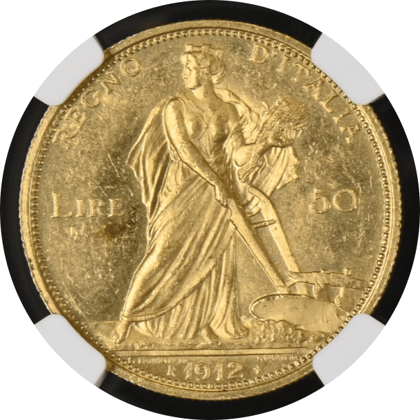 【MS62】1912年 イタリア ヴィットリオ・エマニュエーレ3世 豊穣の女神  50リレ金貨(裏)