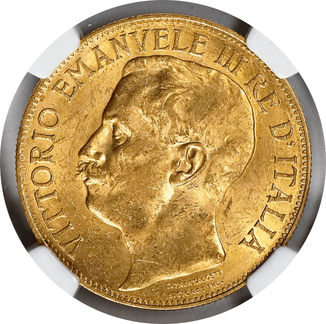 【MS61】1911年 イタリア ヴィットリオ・エマニュエーレ3世 建国50周年記念 50リレ金貨(表)