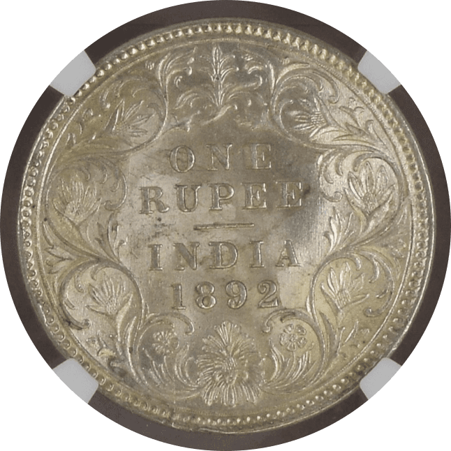 【MS62】1892年 英領インド  ヴィクトリア女王 1ルピー銀貨(裏)