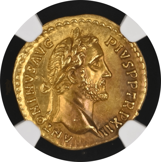 【MS 5/5-3/5  Fine Style】138年?161年 古代ローマ  アントニヌス・ピウス アウレウス金貨(表)
