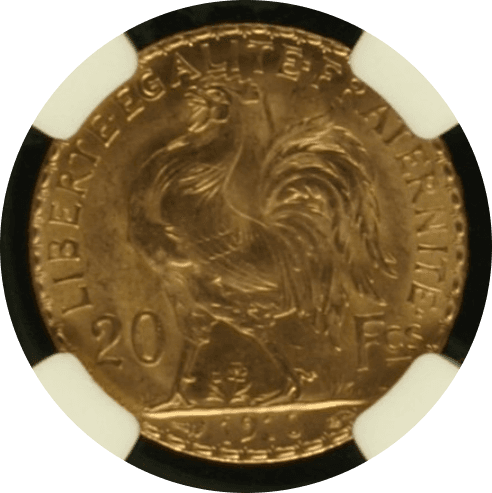 【MS65】1910年 フランス第三共和国 マリアンヌ  ルースター 20フラン 金貨(裏)