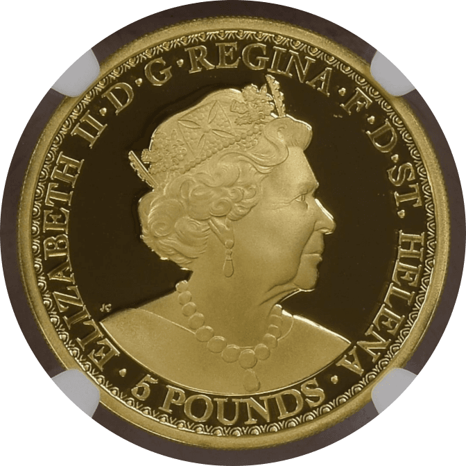【PF70 ULTRA CAMEO】2022年 イギリス セントヘレナ ウナとライオン 5ポンド 1オンス金貨(表)