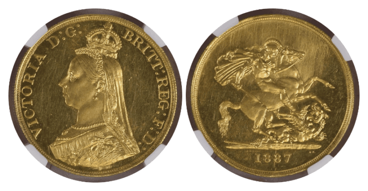 【MS63 PL】1887年 イギリス ヴィクトリア女王 ジュビリーヘッド 5ポンド金貨