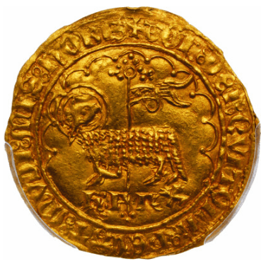 【MS62】1380年〜1422年 フランス サン＝プルサン シャルル6世 金の羊 アニェル・ドール（ムートンドール）金貨(表)