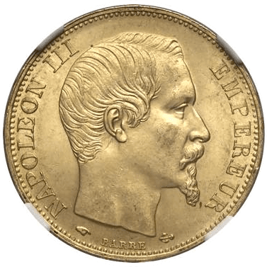 【MS65】1859年A フランス 第二帝政 ナポレオン3世 無冠 20フラン金貨(表)