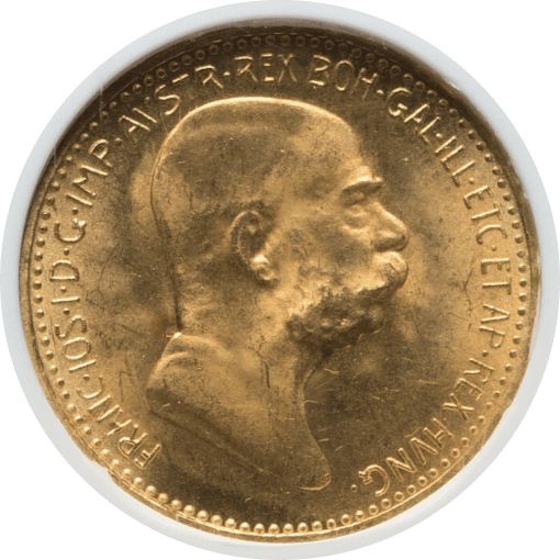 【MS65】1908年 オーストリア フランツ・ヨーゼフ1世 皇位60周年記念 10コロナ金貨(表)