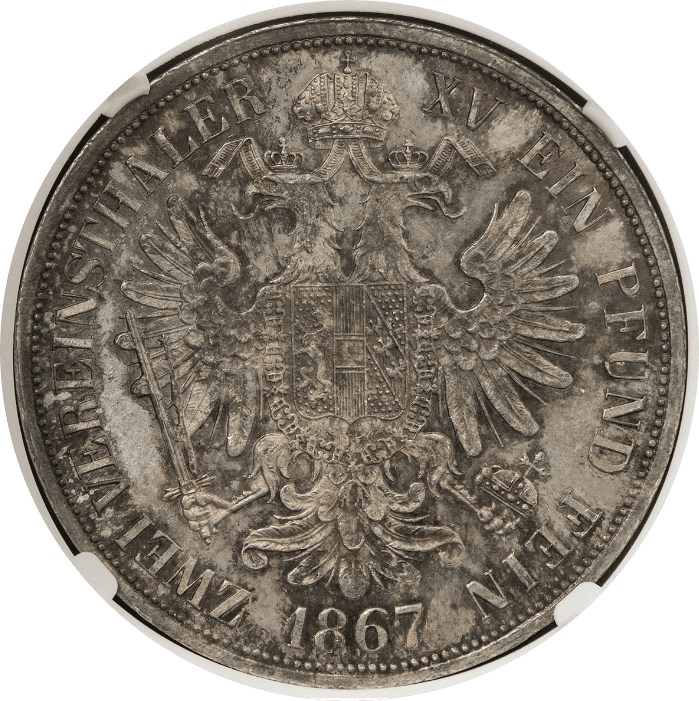 【MS63】1867年 オーストリア フランツ・ヨーゼフ1世 2ターラー銀貨(裏)
