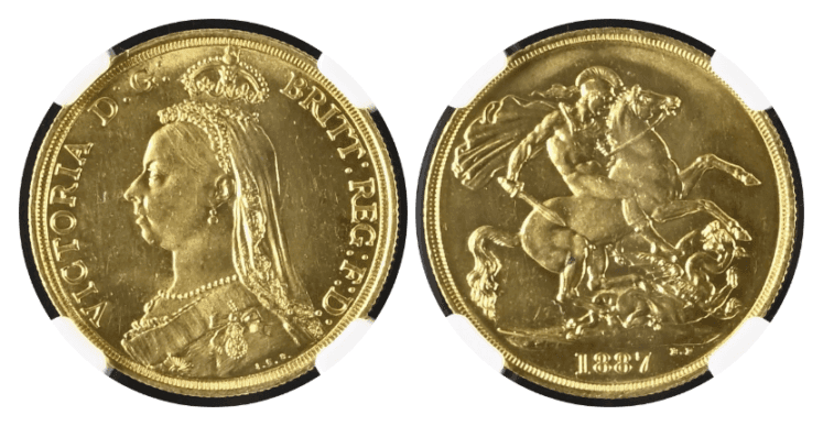 【MS62】1887年 イギリス ヴィクトリア女王 ジュビリーヘッド 2ソブリン金貨