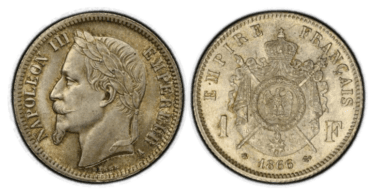 【MS64】1866年A フランス 第二帝政 ナポレオン3世 有冠 1フラン銀貨(表)