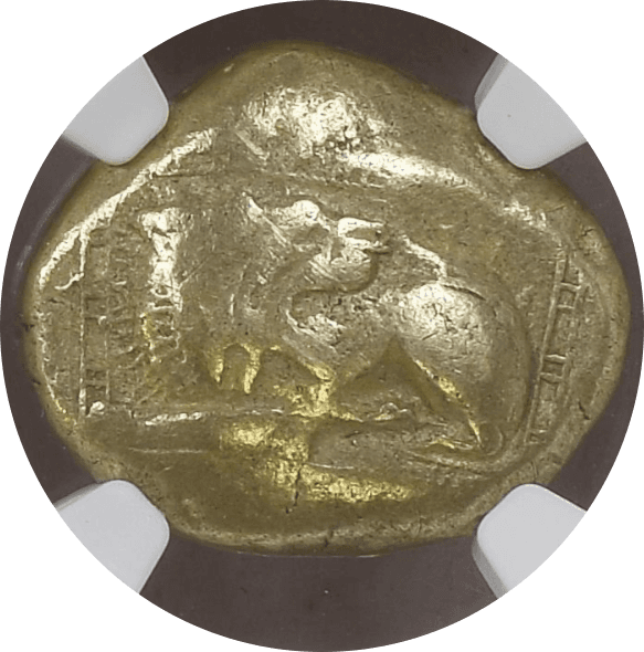 【Ch F 5/5  4/5】紀元前600年〜550年 古代ギリシア イオニア国 ミレトス スターテル琥珀金（エレクトラム）貨(表)