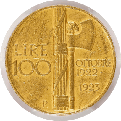 【AU53】1923年 イタリア ヴィットリオ・エマニュエーレ3世  ファシスト政権1周年記念 100リレ金貨(裏)