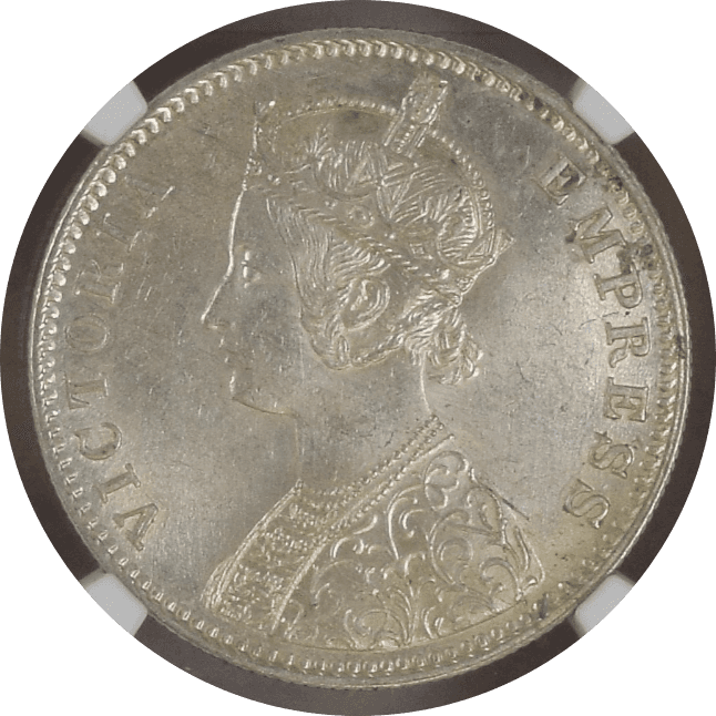 【MS62】1892年 英領インド  ヴィクトリア女王 1ルピー銀貨(表)