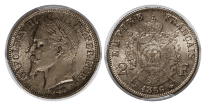 【MS65】1866年A フランス 第二帝政 ナポレオン3世 有冠 2フラン銀貨(表)