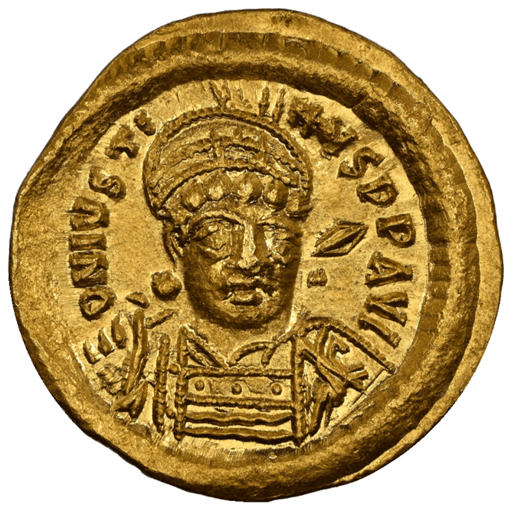 【MS 5/5 4/5】518年?527年 ビザンツ帝国（東ローマ帝国）ユスティヌス1世 ソリダス金貨(表)