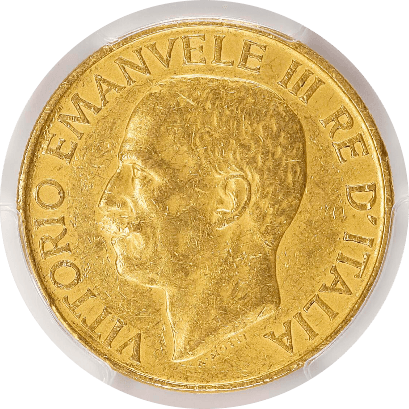 【AU53】1923年 イタリア ヴィットリオ・エマニュエーレ3世  ファシスト政権1周年記念 100リレ金貨(表)