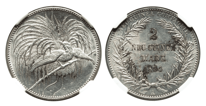 【MS61】1894年 ドイツ領ニューギニア  極楽鳥 2マルク銀貨