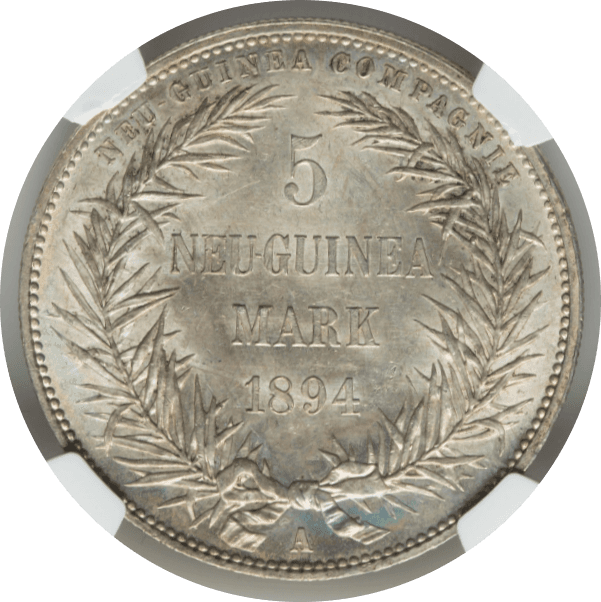 【MS65】1894年 ドイツ領ニューギニア  極楽鳥 5マルク銀貨(裏)