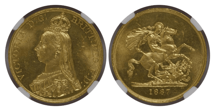 【MS64】1887年 イギリス ヴィクトリア女王 ジュビリーヘッド 5ポンド金貨