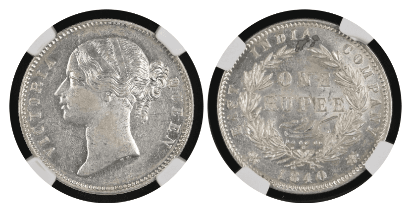 【AU58】1840年 英領インド 東インド会社  ヴィクトリア女王 1ルピー銀貨 5枚セット