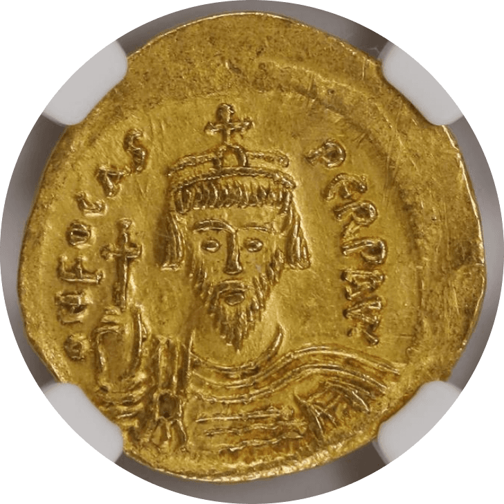 【AU 4/5 2/5 scratches】602年〜610年 ビザンツ帝国（東ローマ帝国）フォカス皇帝 ソリダス金貨(表)
