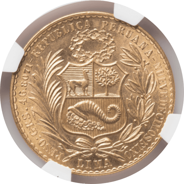 【MS66】1955年 ペルー 女神の坐像 100ソル金貨(裏)