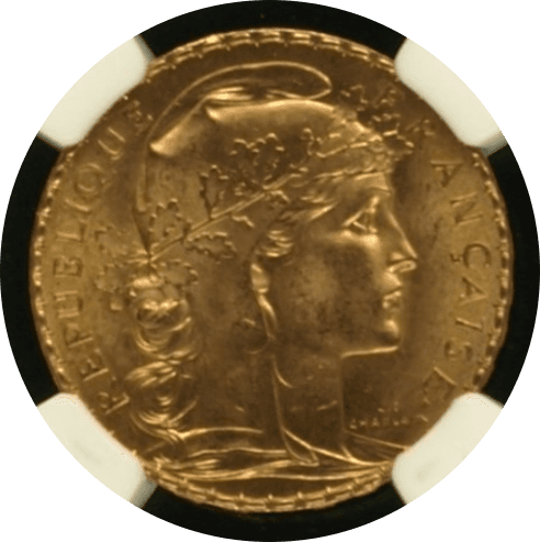 【MS65】1910年 フランス第三共和国 マリアンヌ  ルースター 20フラン 金貨(表)