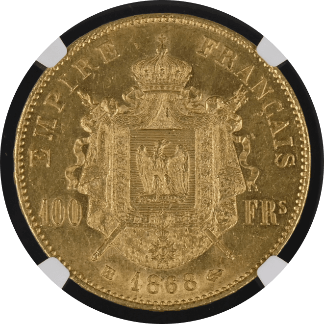 【AU58】1868年 フランス第2帝政 ナポレオン3世 有冠 100フラン金貨(裏)