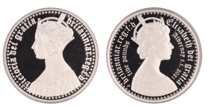 【PR70 DEEP CAMEO】2021年 オルダニー島 エリザベス世 ニューゴチッククラウン 5ポンド銀貨 2枚セット（ポートレート）