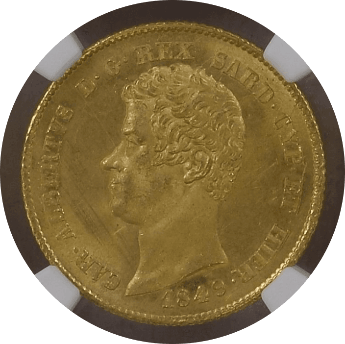 【MS64+】1849年 イタリア サルディニア王国 チャールズ・アルバート 20リラ 金貨(表)