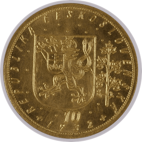 【MS65】1932年 チェコスロバキア 10ダカット金貨(裏)