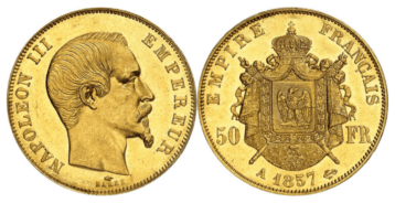 【MS62】1857年A フランス 第二帝政 ナポレオン3世 無冠 50フラン金貨(表)