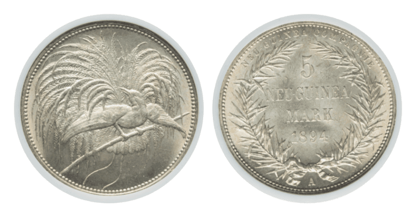 【MS65】1894年 ドイツ領ニューギニア  極楽鳥 5マルク銀貨
