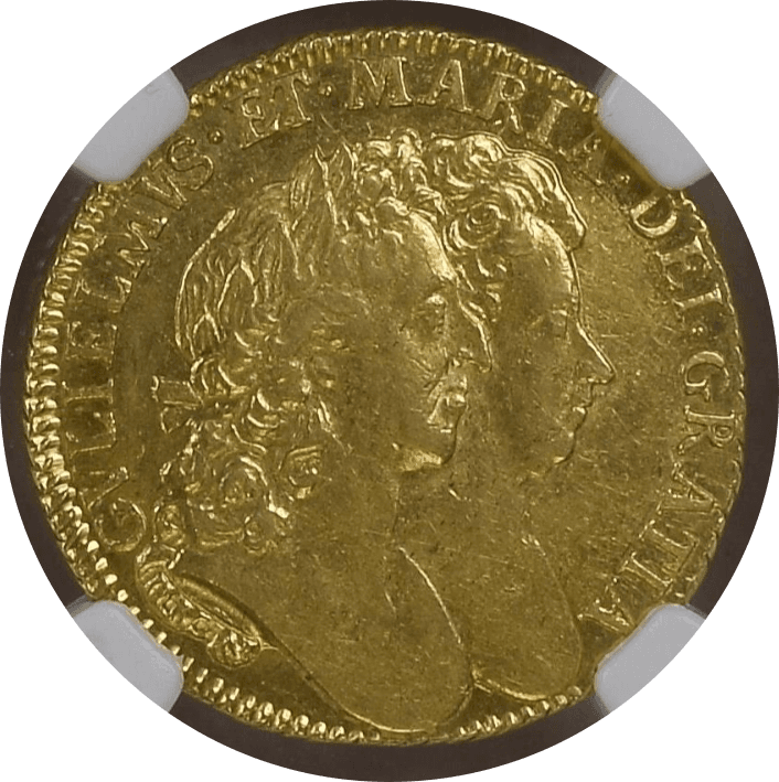【MS 61】1691年 イギリス ウィリアム&メアリー 1ギニー金貨(表)