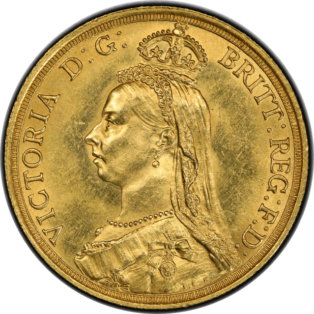 【MS62】1887年 イギリス ヴィクトリア女王 ジュビリーヘッド 2ポンド金貨(表)