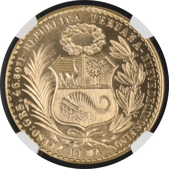 【MS65】1964/3年 ペルー 女神の坐像 50ソル金貨(裏)