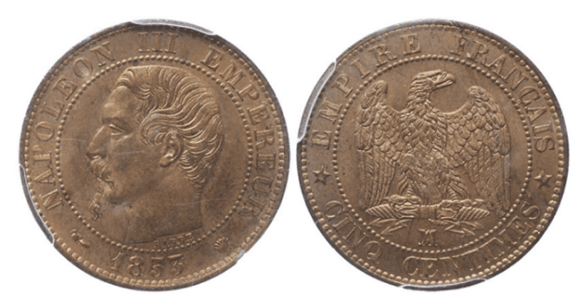 【MS64 RB】1853年 フランス  第二帝政 ナポレオン3世 5サンチーム 銅貨