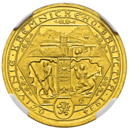【MS65 PL】1934年 チェコスロバキア クレムニツァ鉱山再開記念  2ダカット金貨(裏)