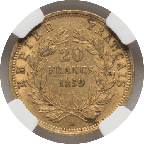 【AU53】1859年 フランス 第二帝政 ナポレオン3世 20フラン金貨(裏)