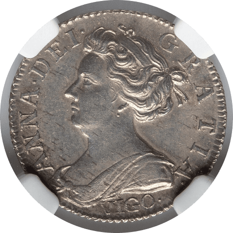 【MS61】1703年 イギリス アン女王 ヴィーゴ（VIGO） 6ペンス銀貨(表)
