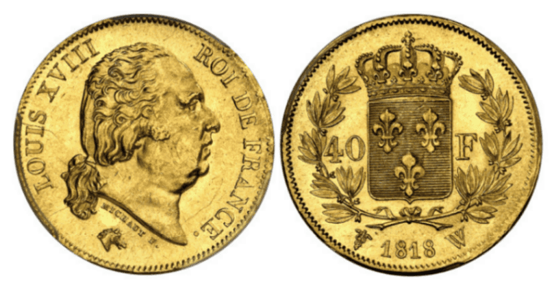 【MS64】1818年 フランス ルイ18世 40フラン金貨
