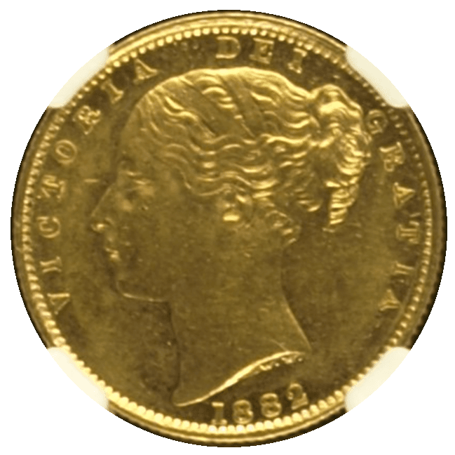 【AU58】1882年S オーストラリア ヴィクトリア女王 シールド 1ソブリン金貨(表)