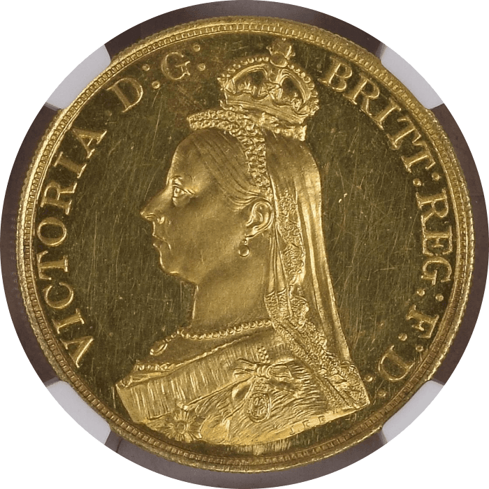 【MS63 PL】1887年 イギリス ヴィクトリア女王 ジュビリーヘッド 5ポンド金貨(表)